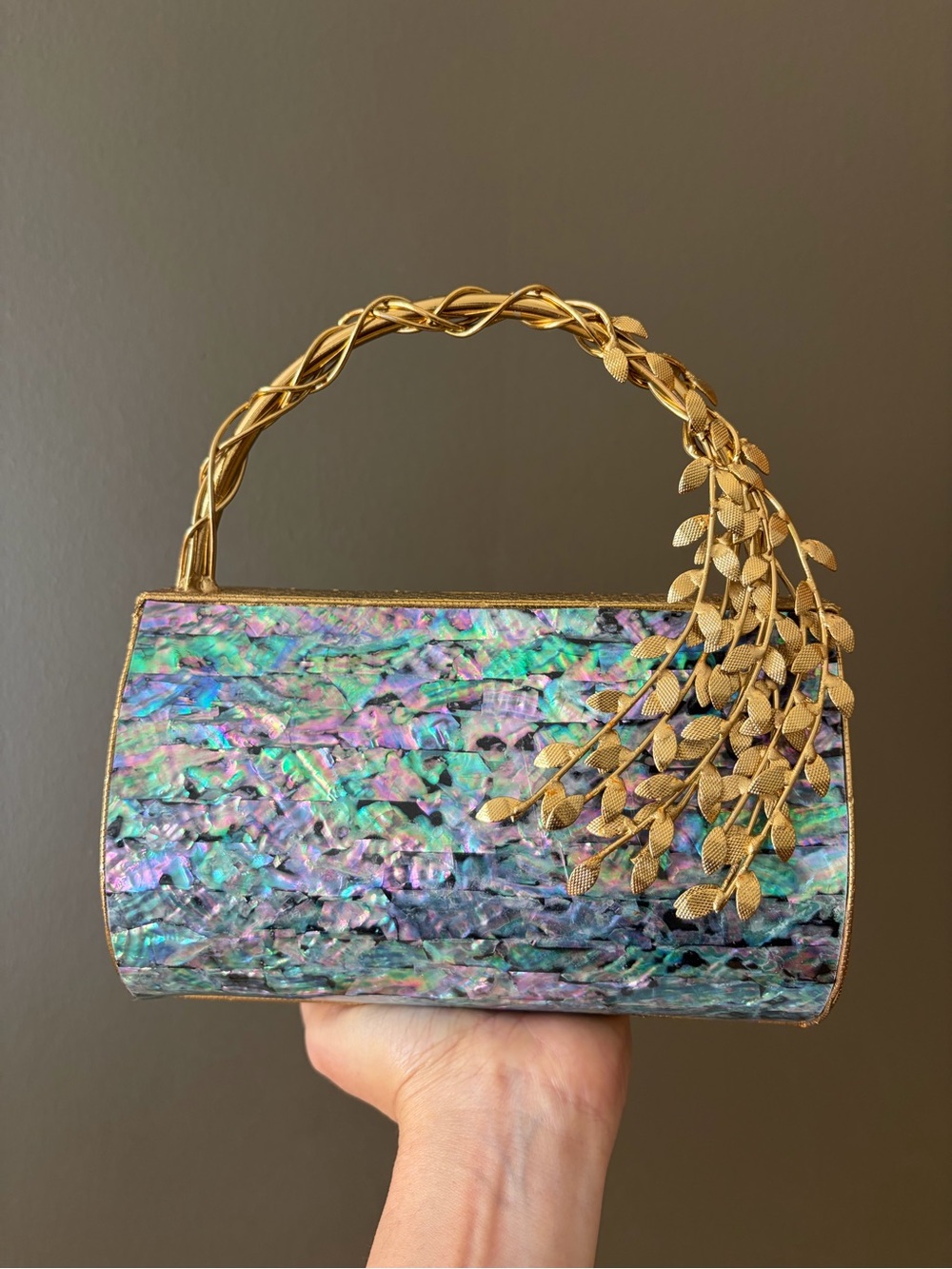 Iridescent Abalone Minaudière Handbag with Gold Vine Handle